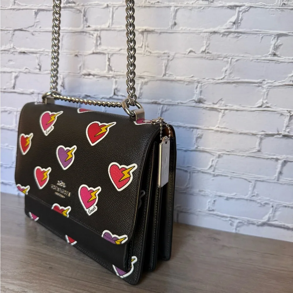 NWT Coach Klare Chain Crossbody shoulder Bag Heart Bolt Print Black/Silver CW436